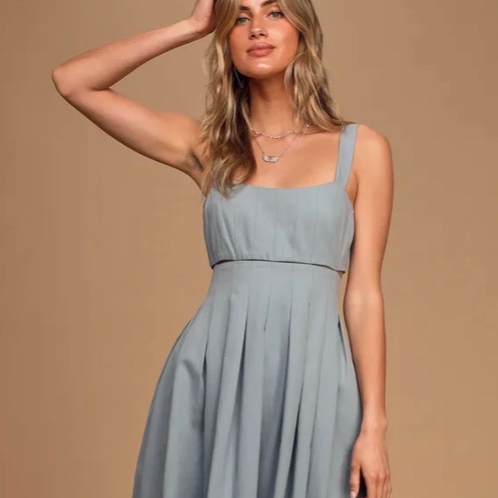 Lulus "Loved You All Along" Slat Blue Tie Back Cutout Midi Dress Size Small